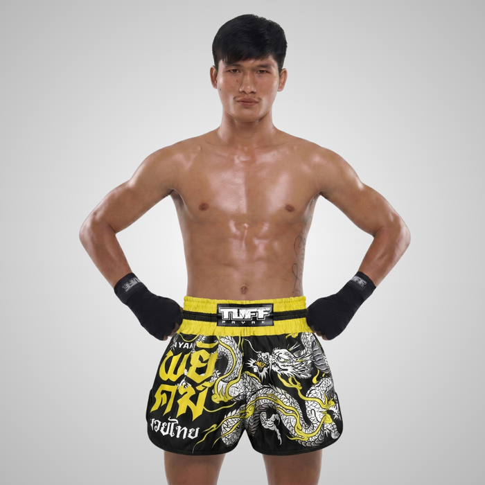 TUFFPAYAK Muay Thai Shorts Boxing Trunks Retro Style (TPY-RMS009-BLK)