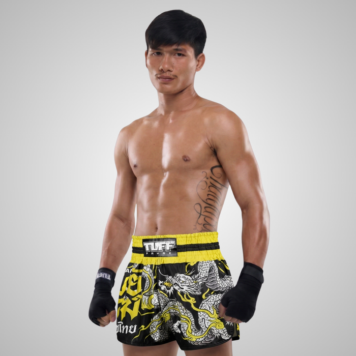 TUFFPAYAK Muay Thai Shorts Boxing Trunks Retro Style (TPY-RMS009-BLK)