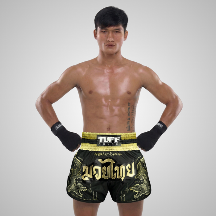 TUFFPAYAK Muay Thai Shorts Boxing Trunks Retro Style (TPY-RMS013-BLK)