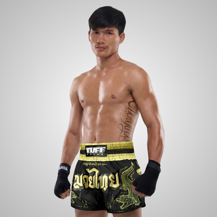 TUFFPAYAK Muay Thai Shorts Boxing Trunks Retro Style (TPY-RMS013-BLK)