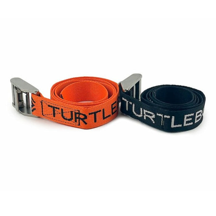 Two 41-inch Turtlebox tie-down straps in orange and black with durable metal cam buckles for secure speaker mounting.