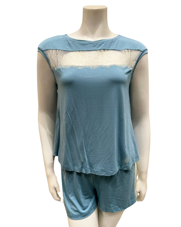 Vanilla Night and Day  Aqua Blue Open Back Modal Pajamas Shorts Set myselflingerie.com