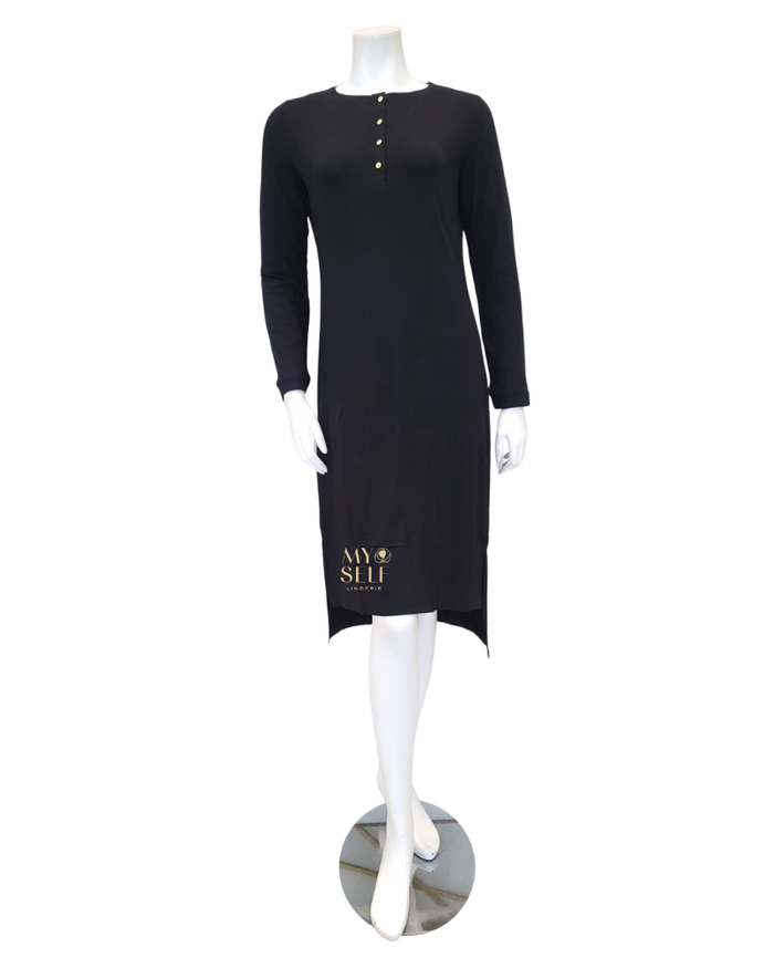 Vanilla Night and Day Black Long Sleeve Modal Button Down Nightshirt Myselflingerie.com