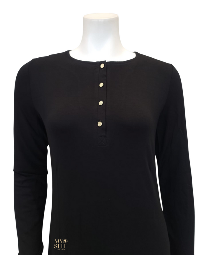 Vanilla Night and Day Black Long Sleeve Modal Button Down Nightshirt Myselflingerie.com
