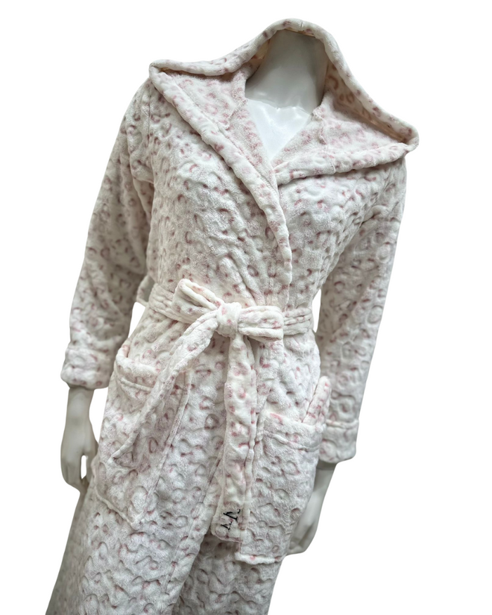VelvetVibe AL301PK Pink Leopard Furry Morning Robe & Eye Mask Myselflingerie.com