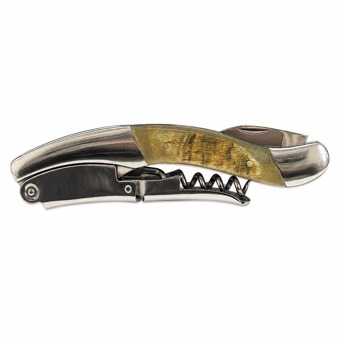 Veritas 2-lever wine opener with a stainless-steel body, durable spiral, and a textured, wood-grain handle on a white background.