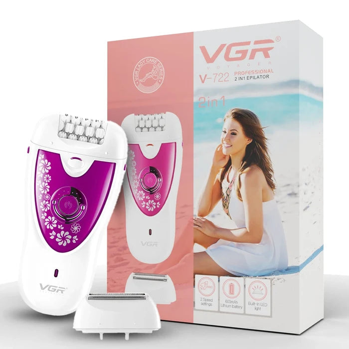 VGR V-722 Professional 2 in 1 Cordless Epilator for Women, presented with an image of the product alongside its packaging, which includes a description and a visual of a woman with the product.