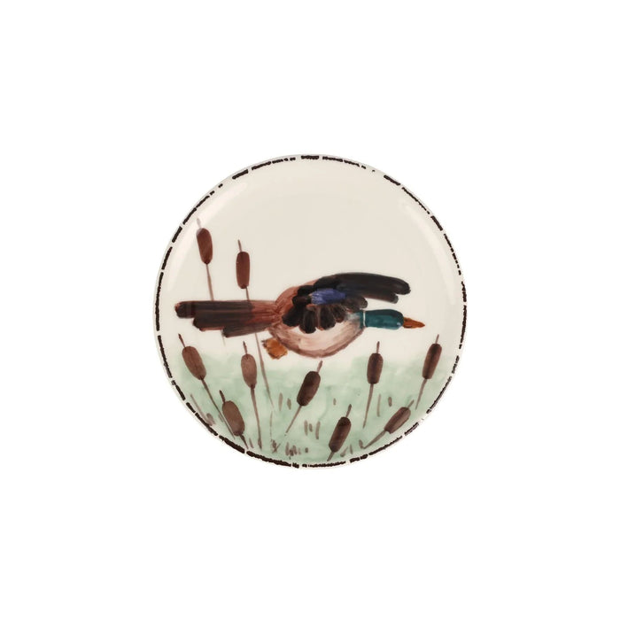 Hand-painted 6.75-inch ceramic canape plate featuring a mallard duck and cattails in a rustic Tuscan style.
