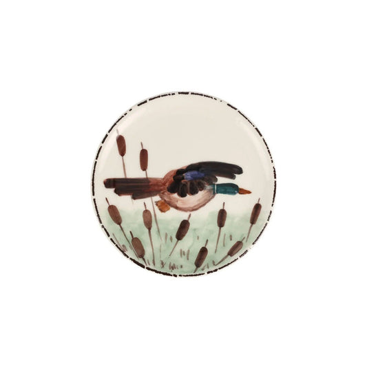 Hand-painted 6.75-inch ceramic canape plate featuring a mallard duck and cattails in a rustic Tuscan style.