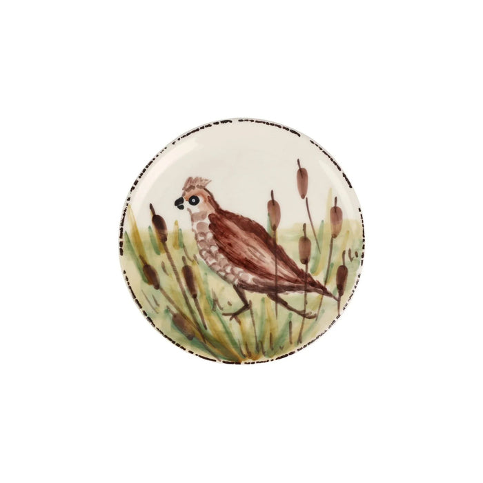 Hand-painted 6.75-inch ceramic canape plate featuring a brown bird in a marsh setting with a rustic, distressed rim.