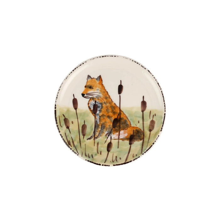 Hand-painted 6.75-inch ceramic canape plate featuring a fox in a marsh setting with cattails, crafted in Tuscany.