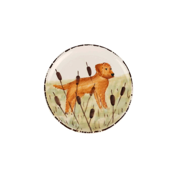 Hand-painted 6.75-inch ceramic canape plate featuring a golden retriever in a field of cattails with a rustic rim.