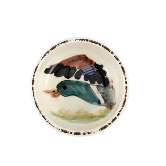 Handcrafted 4-inch ceramic condiment bowl featuring a hand-painted mallard duck design with a rustic brown rim.