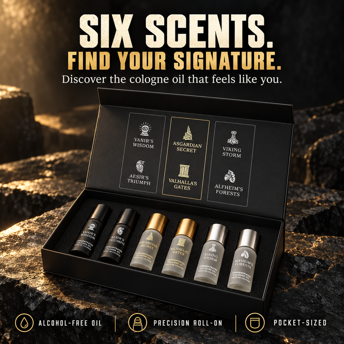 Viking Cologne Oil Sample Kit open box with six roll-on cologne oils: Vanir's Wisdom, Aesir's Triumph, Asgardian Secret, Valhalla's Gates, Viking Storm, Alfheim's Forests, headline Six Scents Find Your Signature, alcohol-free, precision roll-on, pocket-sized