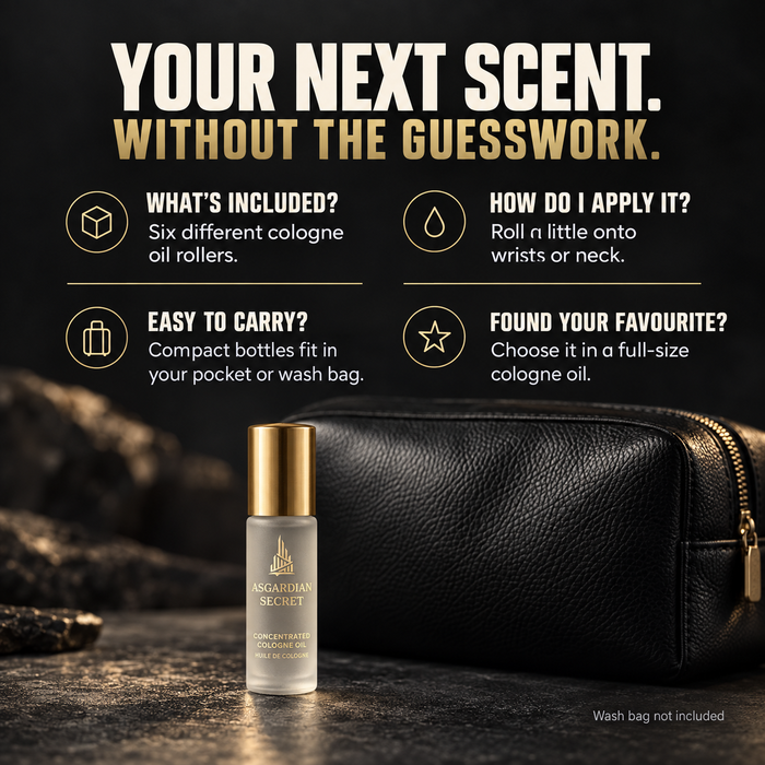 Asgardian Secret concentrated cologne oil roll-on next to a black leather wash bag, headline Your Next Scent Without the Guesswork, six rollers, roll onto wrists or neck