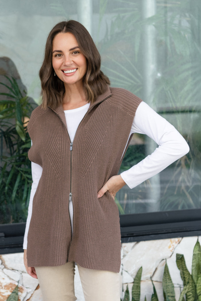 Viona Mocha Cotton Zip Knit Vest,Lifestyle