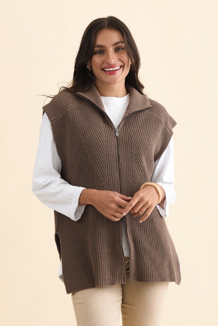 Viona Mocha Cotton Zip Knit Vest,Brunette model,alt text|model:Brontie