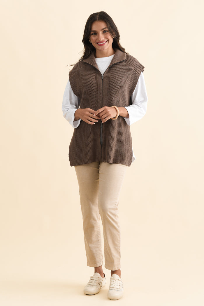 Viona Mocha Cotton Zip Knit Vest,Brunette model,alt text|model:Brontie