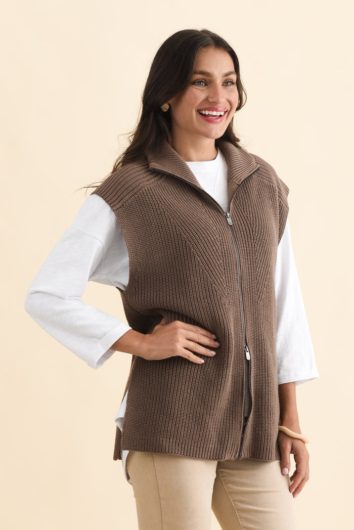 Viona Mocha Cotton Zip Knit Vest,Brunette model,alt text|model:Brontie