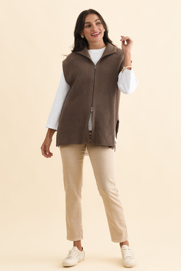 Viona Mocha Cotton Zip Knit Vest,Brunette model,alt text|model:Brontie