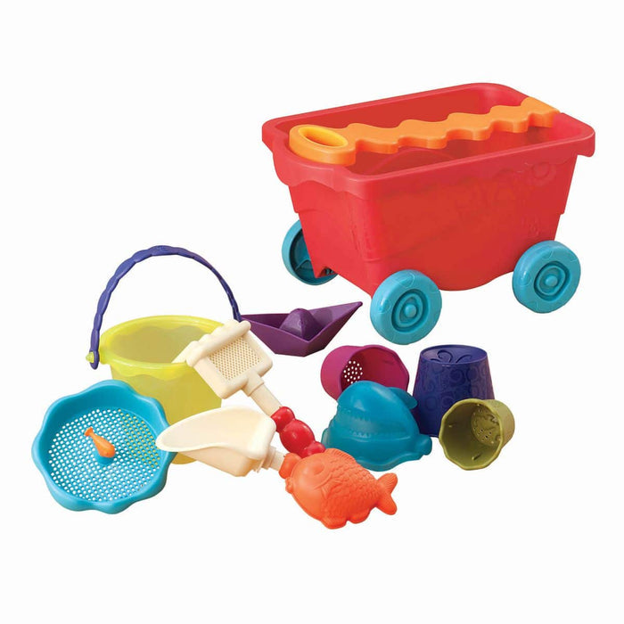 Red wagon and beach toys.