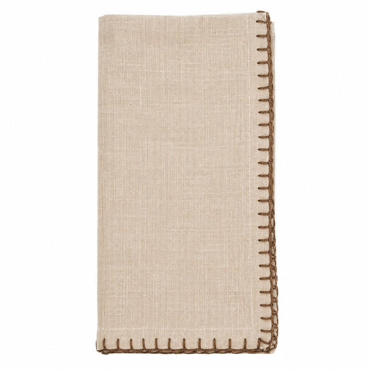 Beige 20-inch cotton napkin featuring a decorative brown whip-stitched edge for a classic, textured finish.