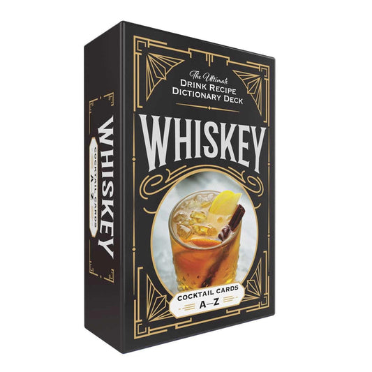 Black and gold Whiskey Cocktail Cards A-Z deck box featuring an Art Deco design and a photo of an iced whiskey drink.
