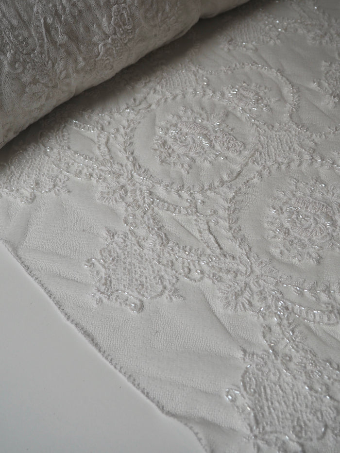 White Beaded Floral Scallop Net Lace