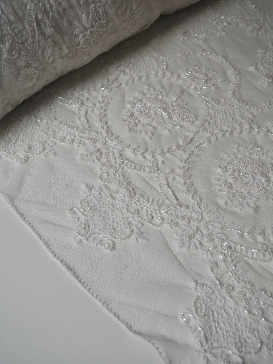 White Beaded Floral Scallop Net Lace
