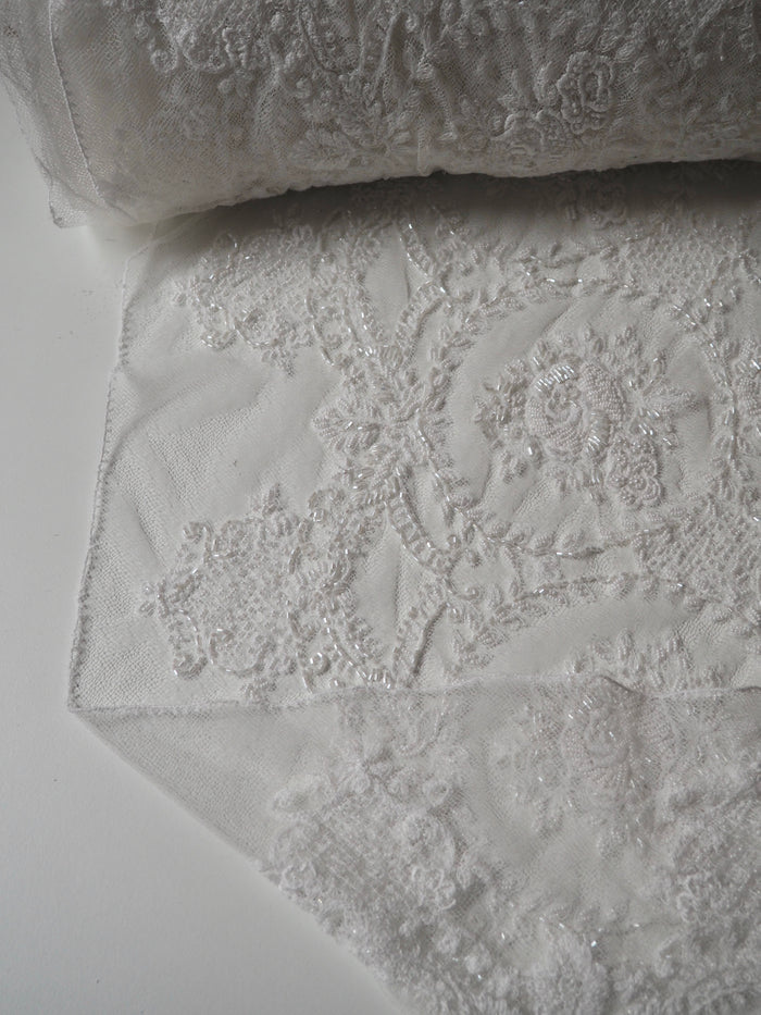 White Beaded Floral Scallop Net Lace