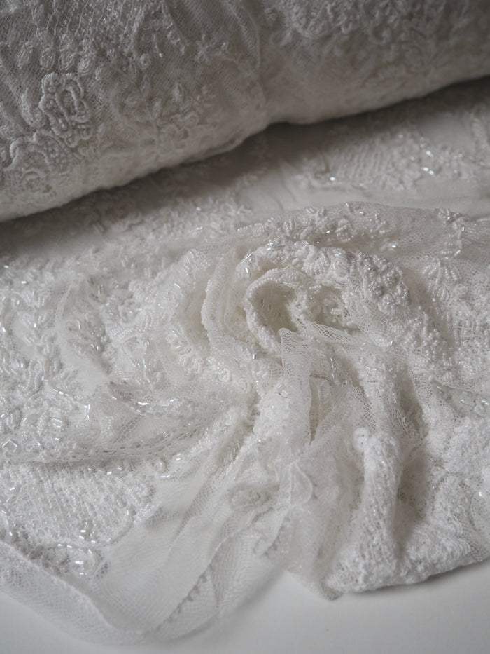 White Beaded Floral Scallop Net Lace