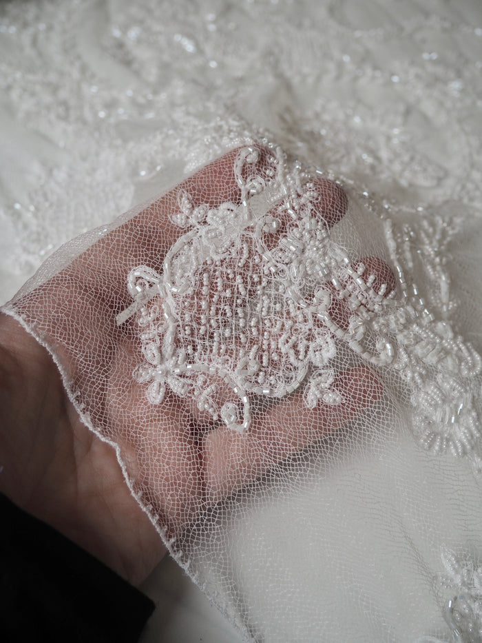 White Beaded Floral Scallop Net Lace