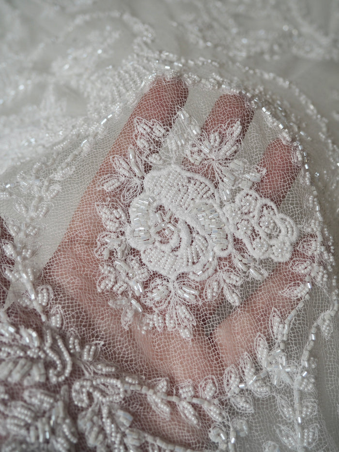 White Beaded Floral Scallop Net Lace