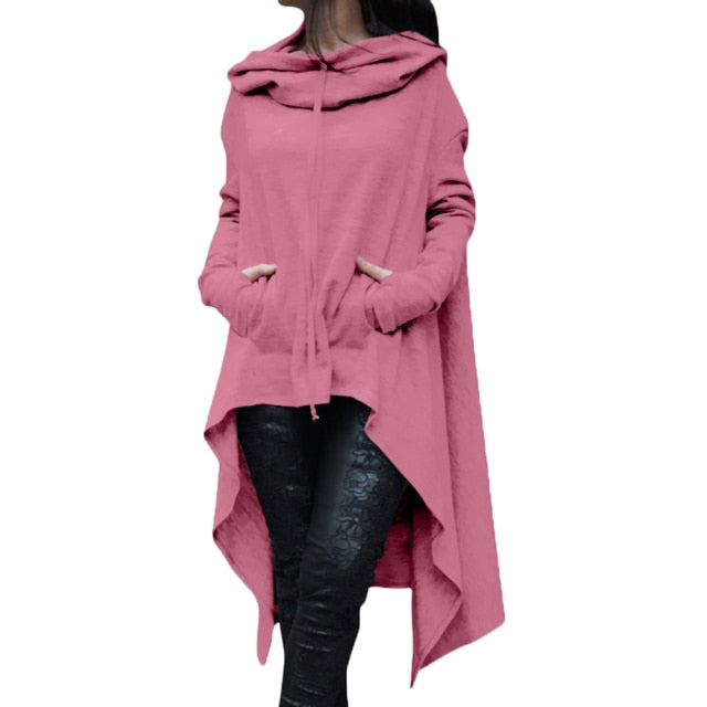 Womens Asymmetric Hem Solid Colour Long Sleeve Hoodies