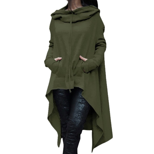 Womens Asymmetric Hem Solid Colour Long Sleeve Hoodies