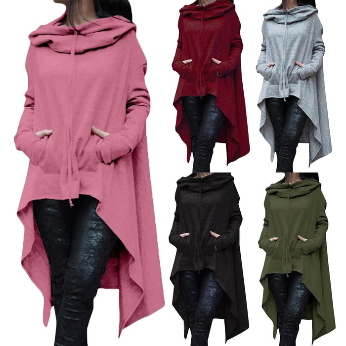 Womens Cotton Blend Solid Colour Asymmetric Hem Drawstring Hooded Sweatshirts