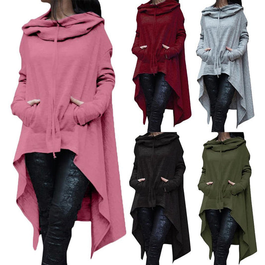 Womens Cotton Blend Solid Colour Asymmetric Hem Drawstring Hooded Sweatshirts
