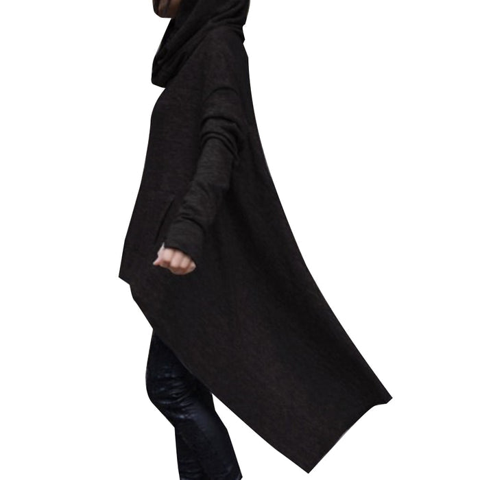 Womens Cotton Blend Solid Colour Asymmetric Hem Drawstring Hooded Sweatshirts