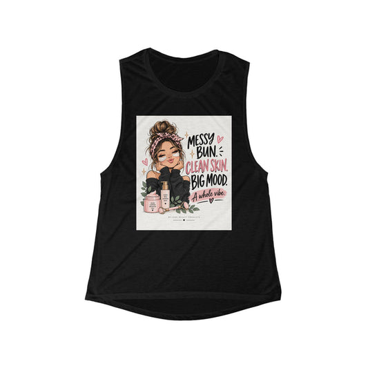 Black women’s flowy muscle tank with Messy Bun, Clean Skin, Big Mood skincare graphic