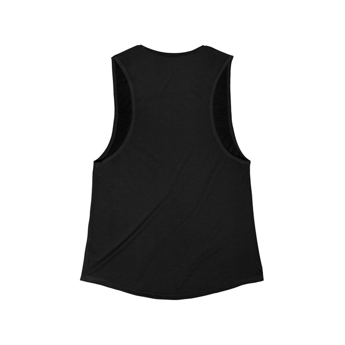 Back view of black women’s flowy scoop muscle tank with curved hem