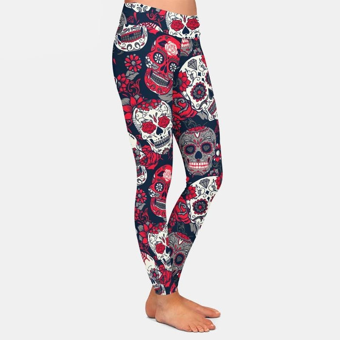 Womens Skulls & Flowers Digital Printed Leggings