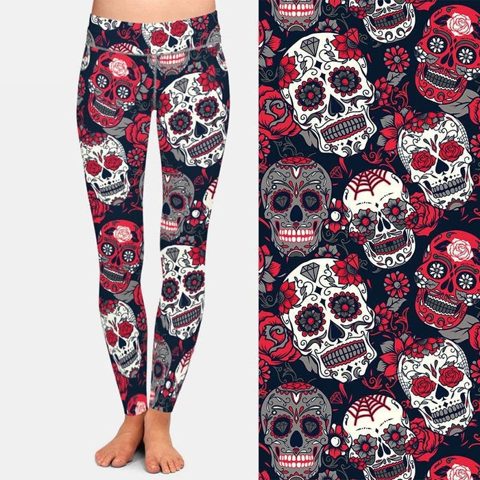 Womens Skulls & Flowers Digital Printed Leggings