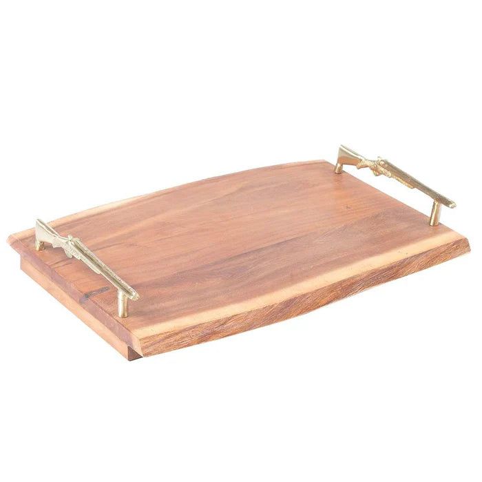 Rectangular wooden charcuterie tray featuring decorative brass shotgun-shaped handles for a rustic lodge aesthetic.