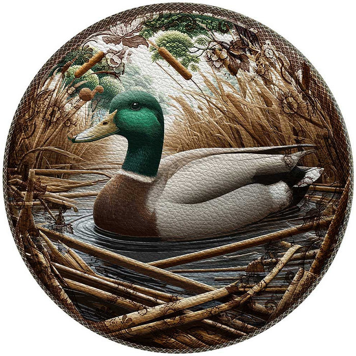 Round Woodland Sporting placemat featuring a mallard duck in a marsh, crafted from textured caviar vinyl.