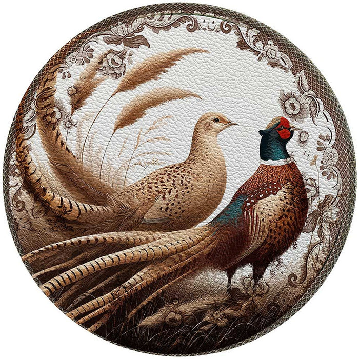 Round Woodland Sporting placemat with a pebbled vinyl texture featuring two pheasants in a decorative floral border.