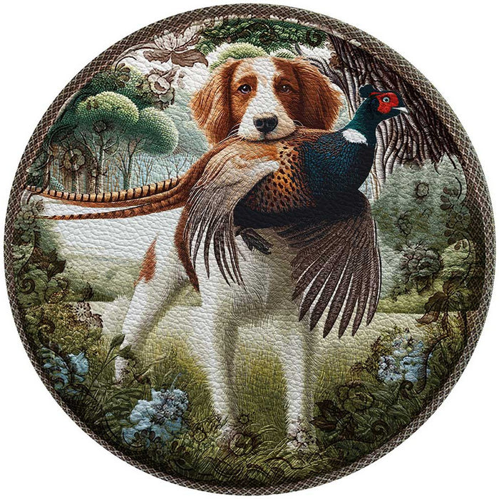 Round Woodland Sporting placemat with a pebbled vinyl texture featuring a hunting dog and pheasant in a forest scene.