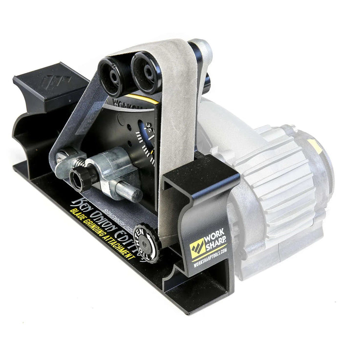 Work Sharp Blade Grinding Attachment with black metal frame, adjustable pulleys, and grey abrasive belt on white background.