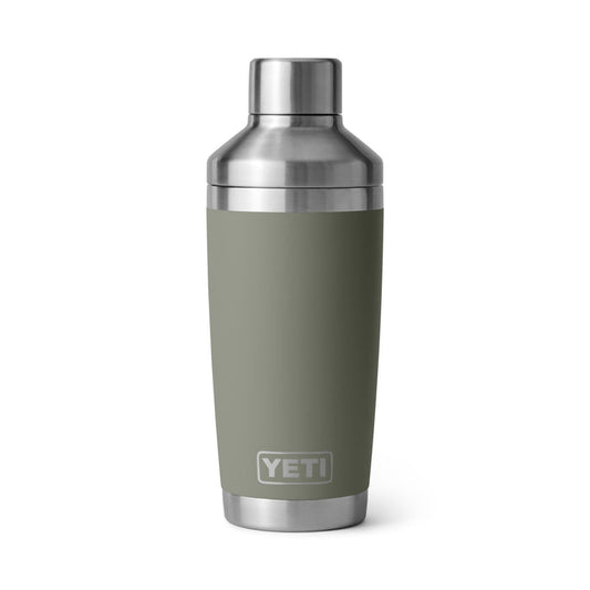 Olive green YETI 20 oz stainless steel cocktail shaker with double-wall insulation and a leak-resistant lid.