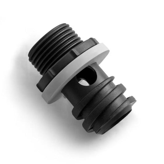 Black YETI cooler drain plug hose adapter with a grey rubber gasket and threaded end on a white background.
