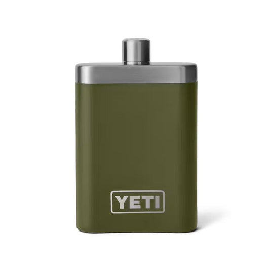 Olive green 7 oz. Yeti stainless steel flask with a brushed metal cap and logo detail.